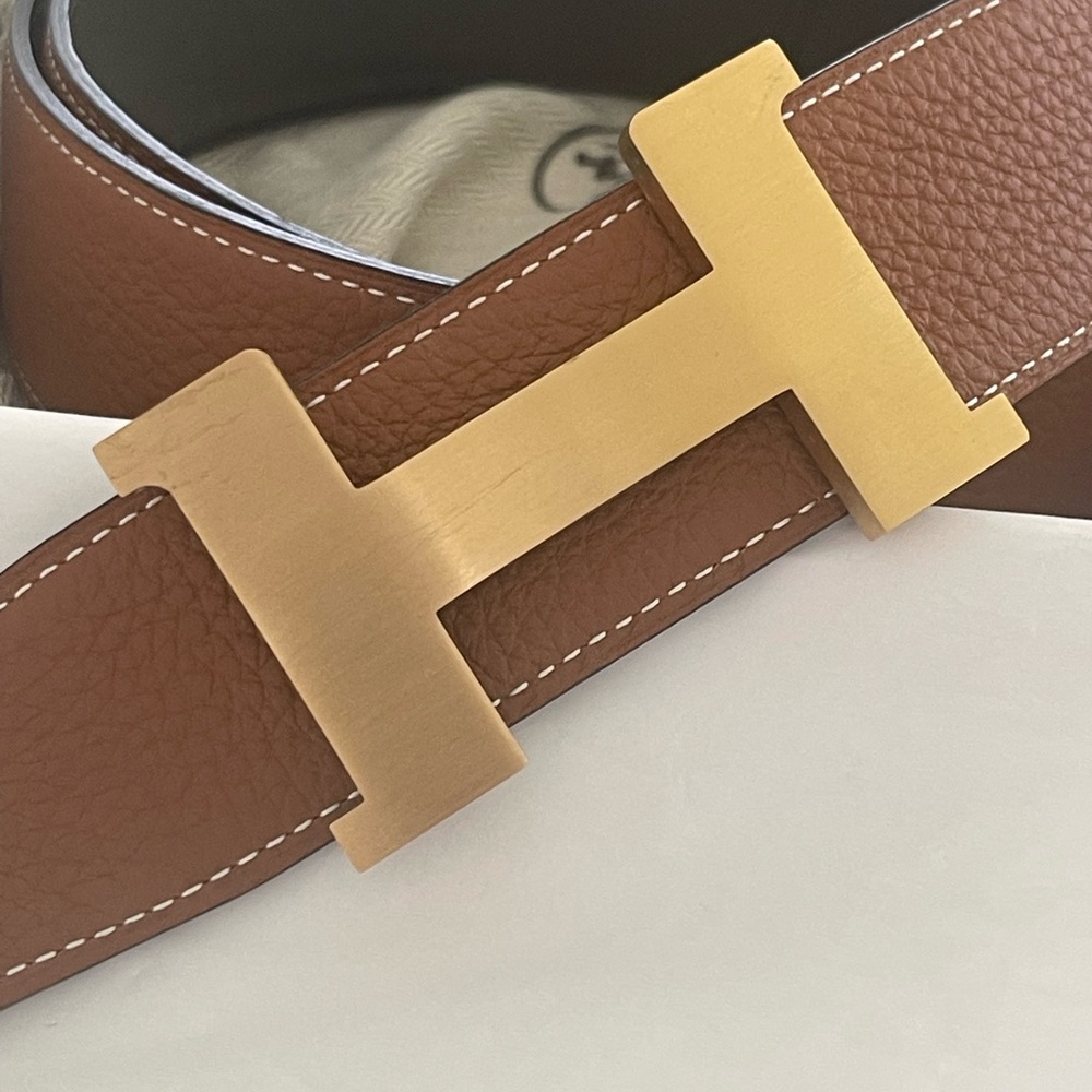 Authentic Hermes Brown Gold Leather Belt with Iconic H Buckle